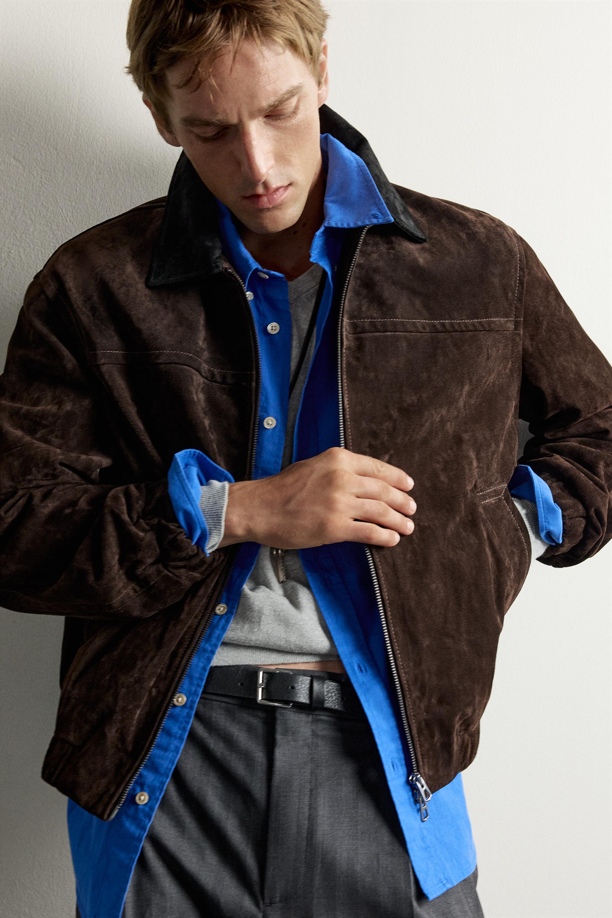 BLOUSON EN CUIR ET DAIM À COL CONTRASTE